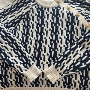 Derek Lam Navy and Cream Patterned Sweater with Gold Buttons